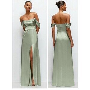 Dessy After Six A-Line Satin Maxi Dress Sage Size 8 Off The Shoulder Strapless